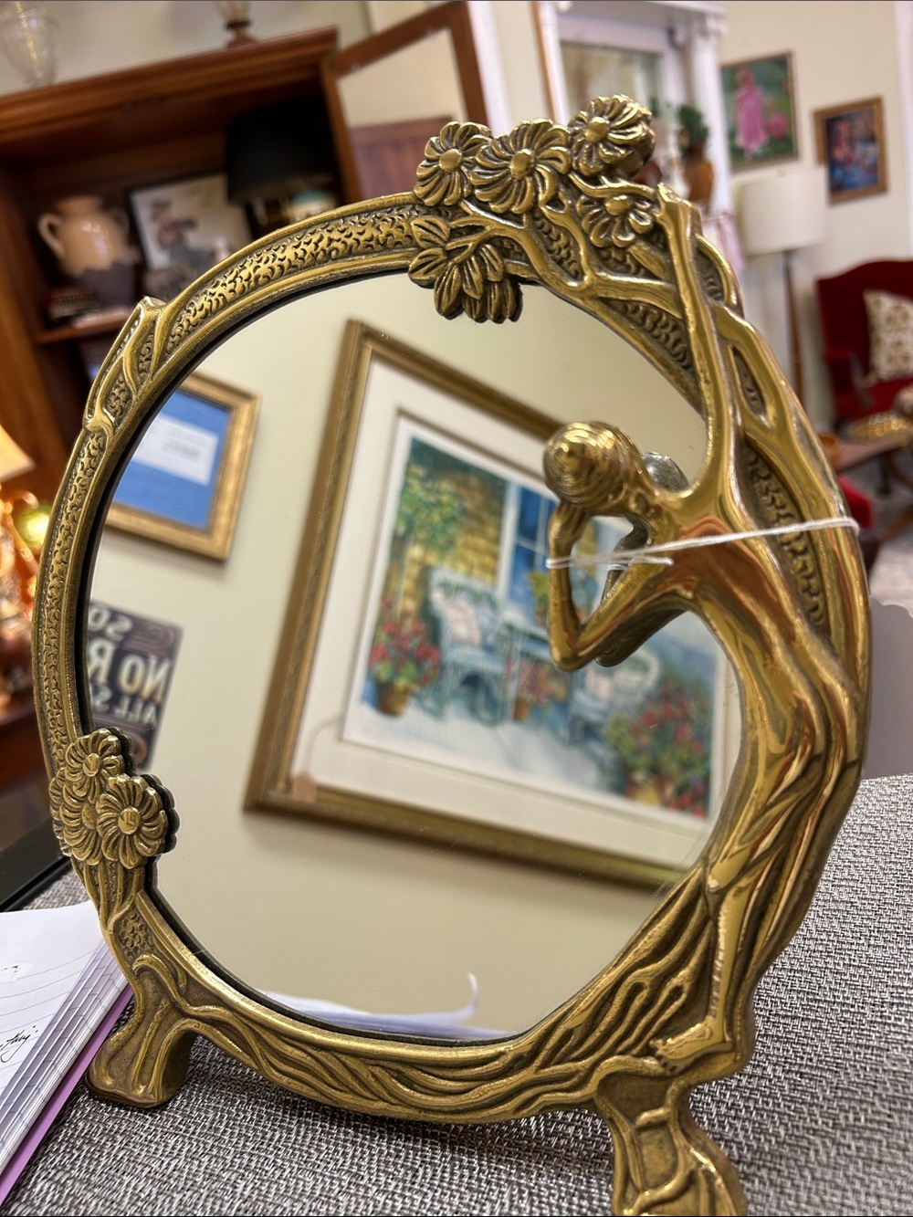 Decorative Gold Art Nouveau Table Mirror with Floral Motif